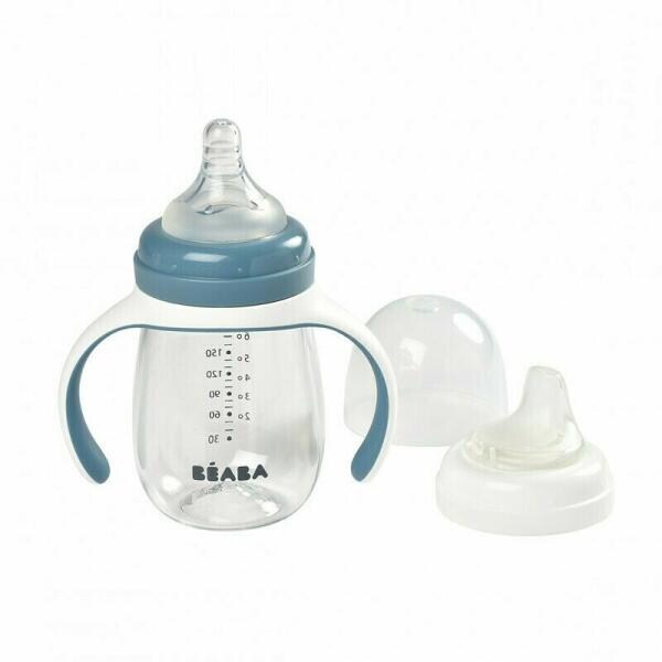 Biberon 2in1 BEABA B913477, flux lent, 0 luni+, 210ml, albastru-alb