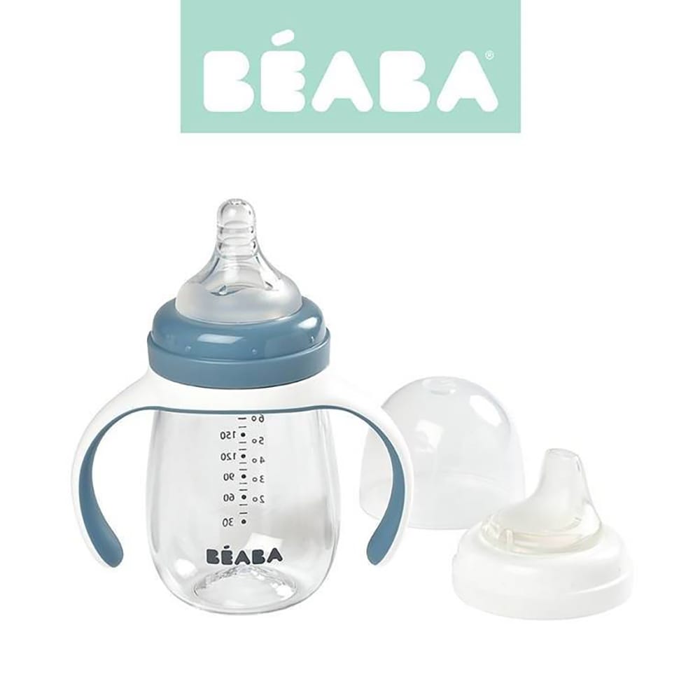 Biberon 2in1 BEABA B913477, flux lent, 0 luni+, 210ml, albastru-alb