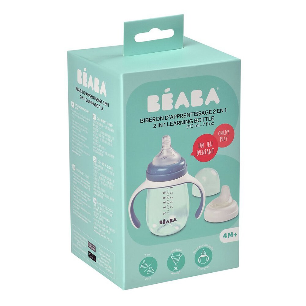 Biberon 2in1 BEABA B913477, flux lent, 0 luni+, 210ml, albastru-alb