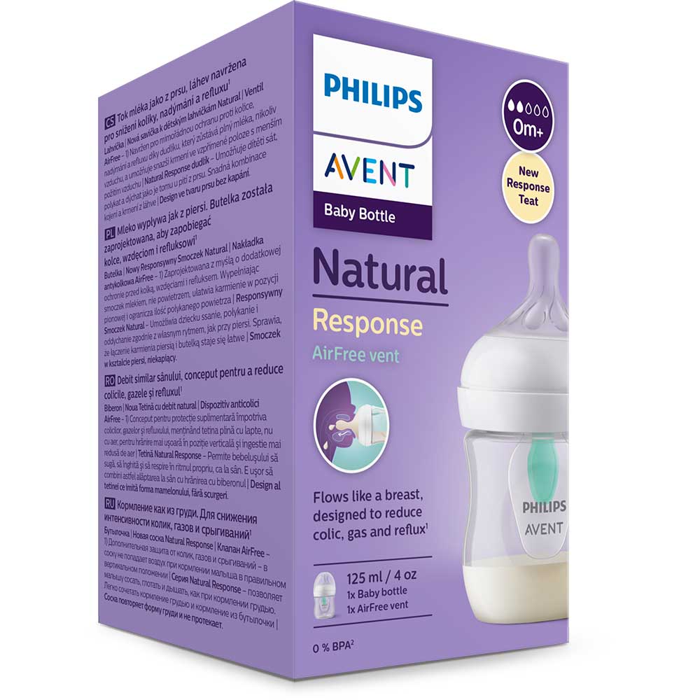 Biberon cu dispozitiv anticolici PHILIPS AVENT Natural Response AirFree SCY670/01, flux nou-nascut, 0 luni+, 125ml, alb-verde