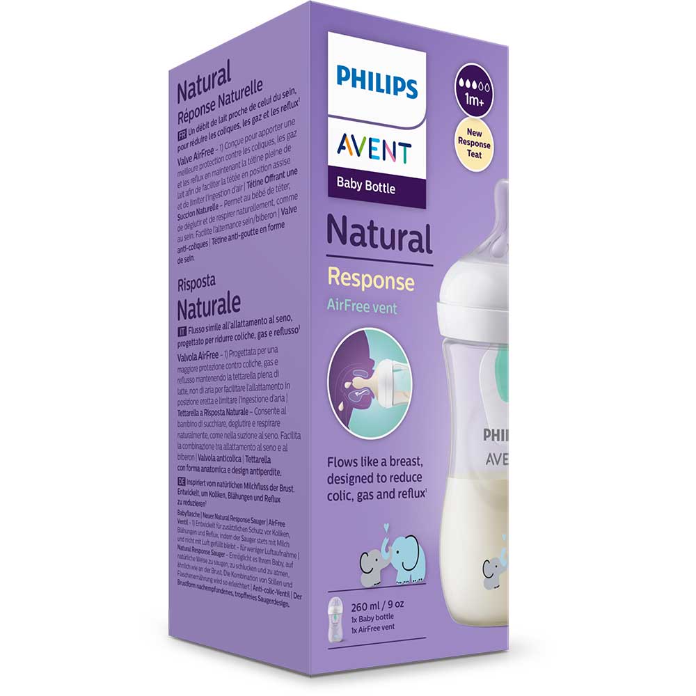 Biberon cu dispozitiv anticolici PHILIPS AVENT Natural Response AirFree SCY673/81, flux mediu, 1 luna+, 260ml, alb-verde