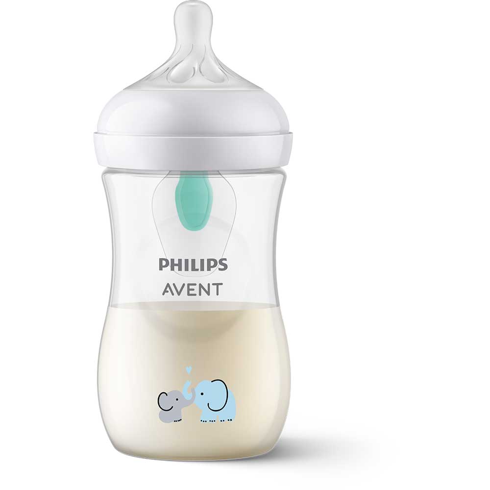 Biberon cu dispozitiv anticolici PHILIPS AVENT Natural Response AirFree SCY673/81, flux mediu, 1 luna+, 260ml, alb-verde