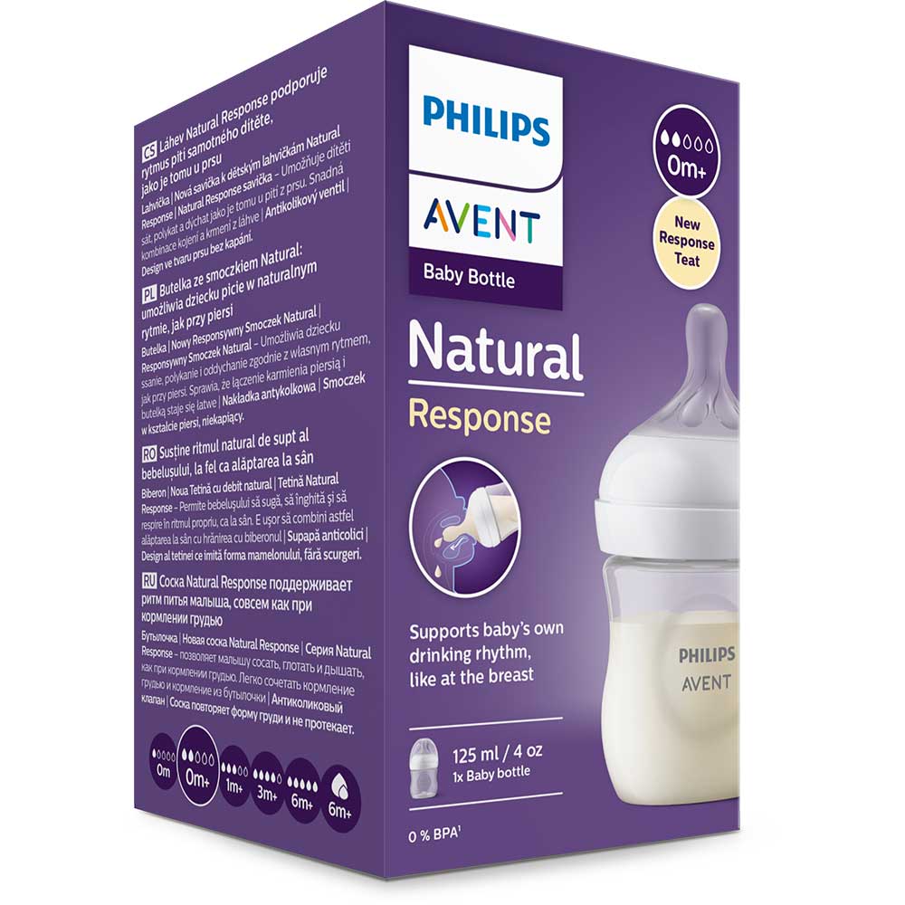 Biberon PHILIPS AVENT Natural Response SCY900/01, flux lent, 0 luni+, 125ml, alb-transparent