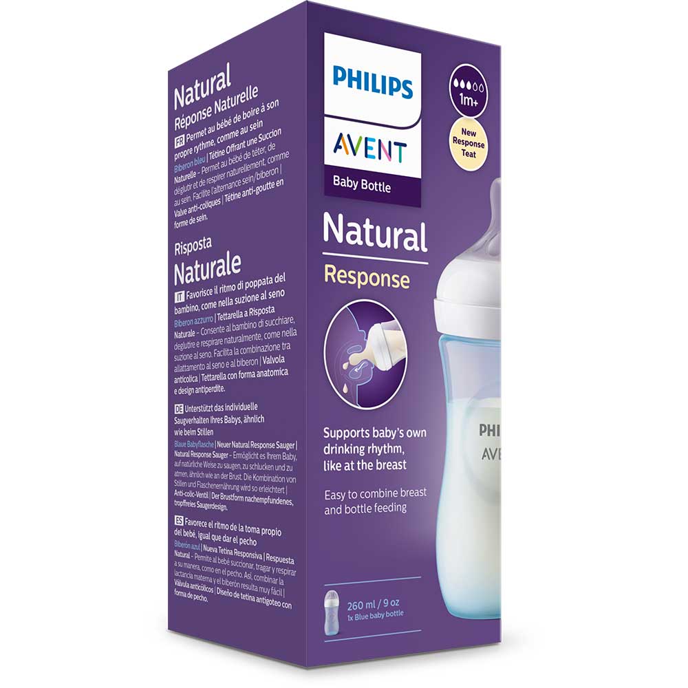 Biberon PHILIPS AVENT Natural Response SCY903/21, flux mediu, 1 luna+, 260 ml, bleu-alb