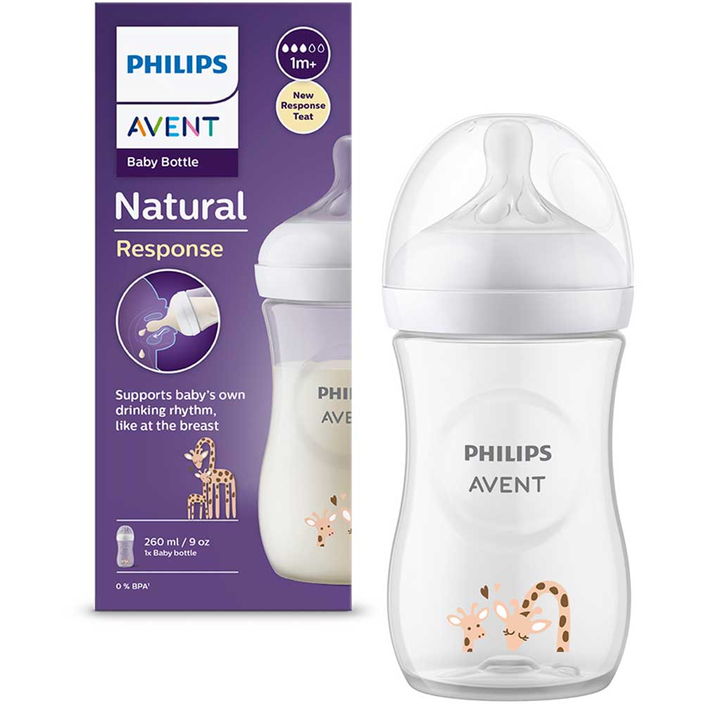 Biberon PHILIPS AVENT Natural Response Girafa SCY903/66, flux mediu, 1 luna+, 260ml, alb-transparent