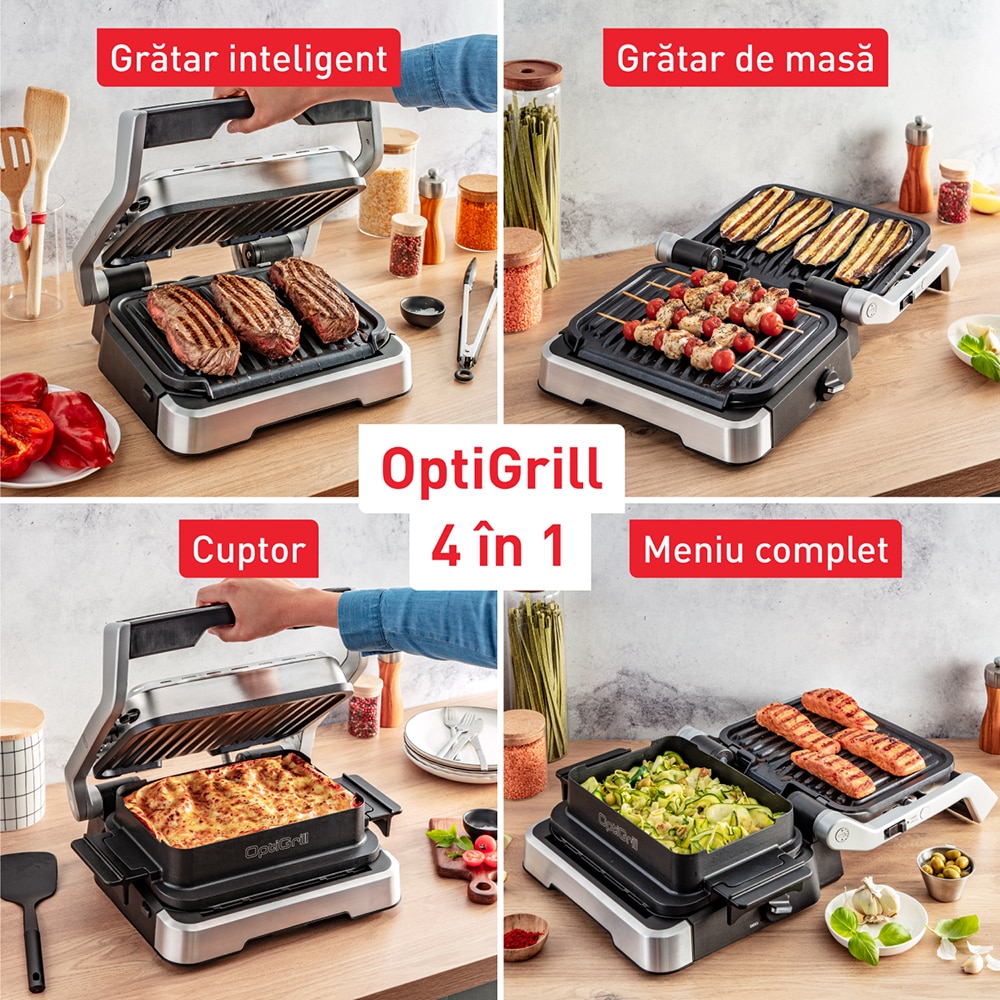 Gratar electric TEFAL OptiGrill 4in1 GC774D30, 2100W, 9 programe automate, argintiu-negru