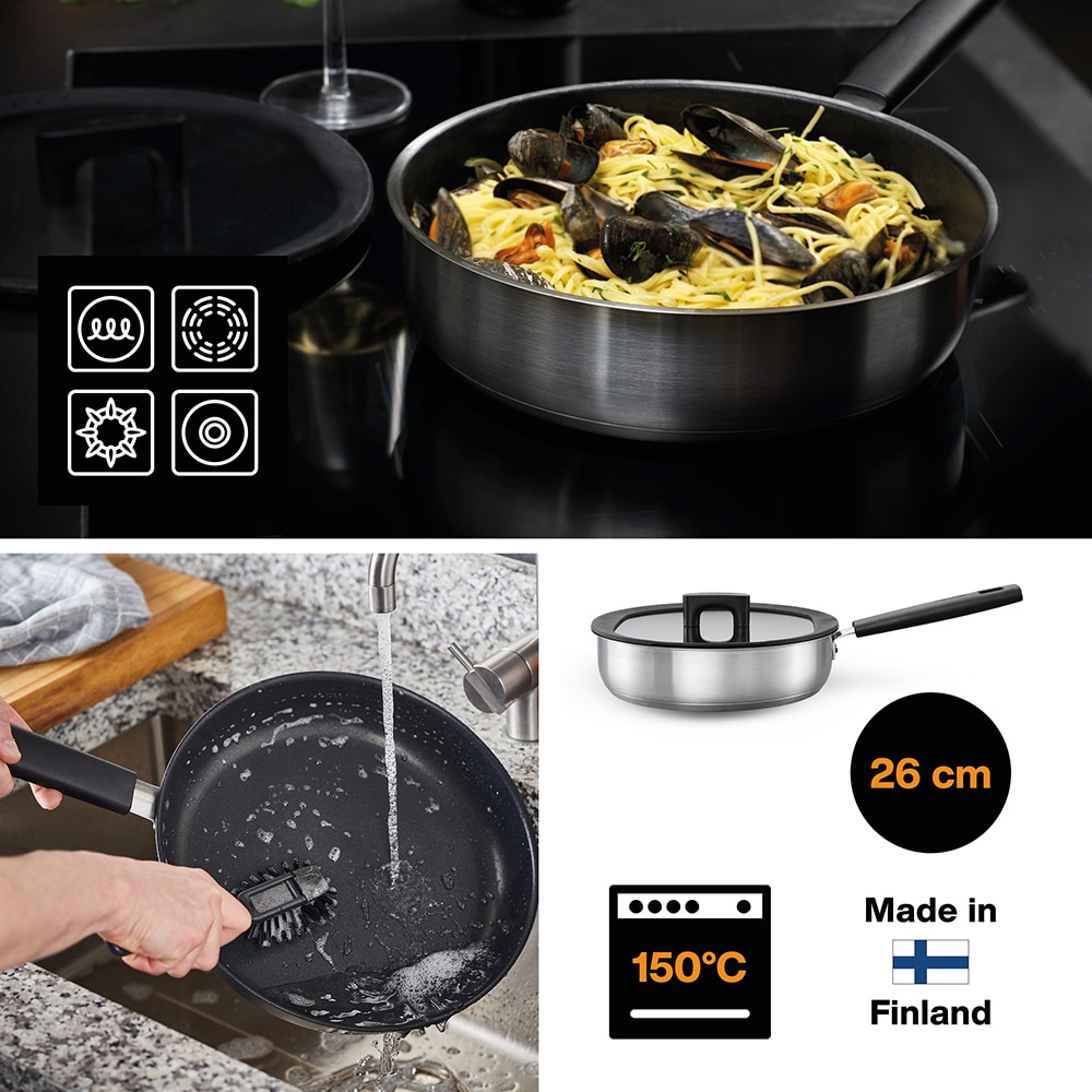 Tigaie sote cu capac FISKARS Hard Face, 26 cm, otel inoxidabil, crom