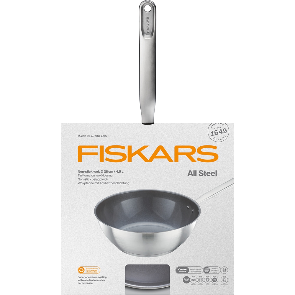 Tigaie wok FISKARS All Steel, 28 cm, otel inoxidabil, argintiu