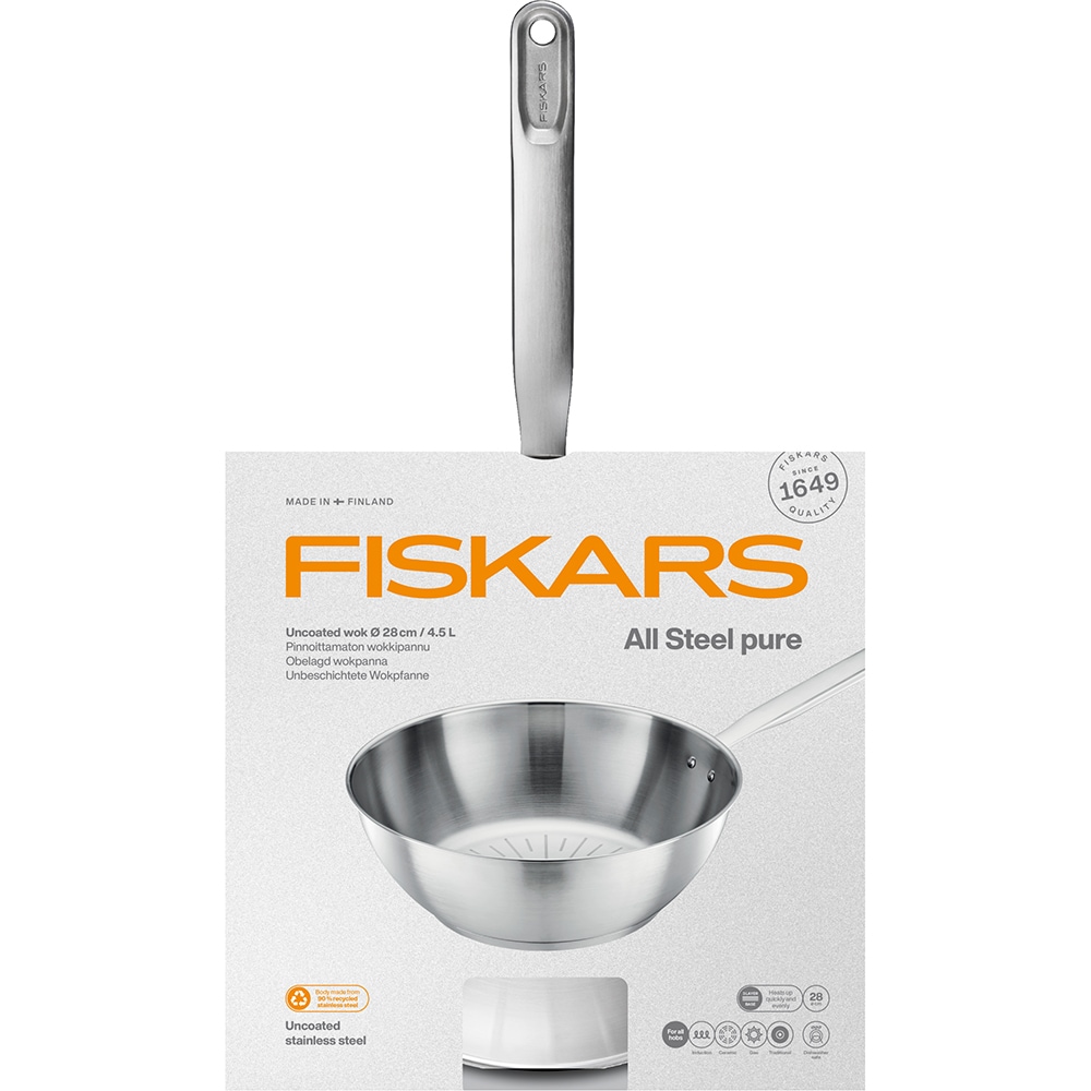 Tigaie wok FISKARS All Steel Pure, 28 cm, otel inoxidabil, argintiu