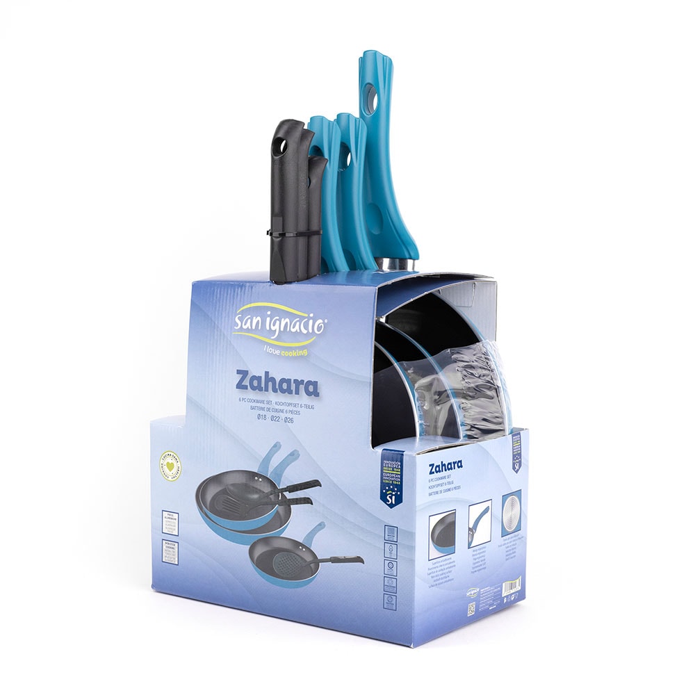Set tigai SAN IGNACIO Zahara, 3 piese, 18-26cm, aluminiu, albastru + 3 ustensile bucatarie
