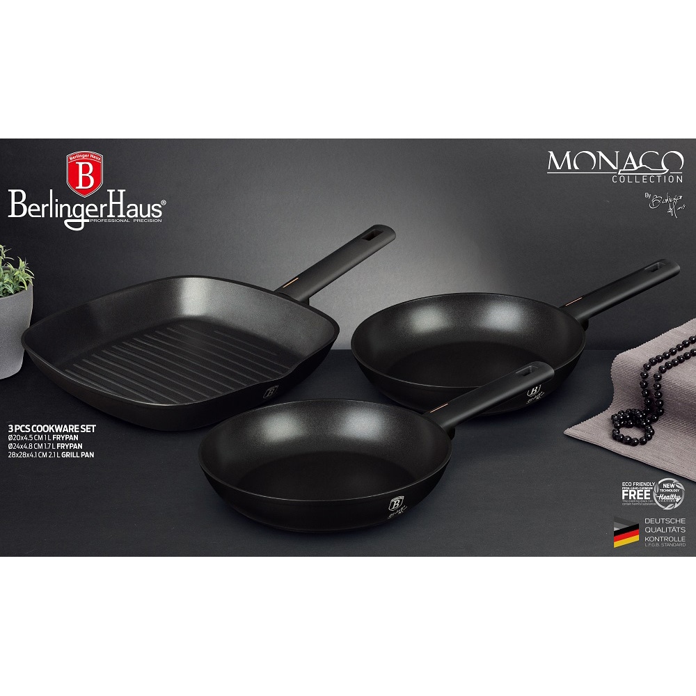 Set tigai BERLINGER HAUS Monaco Collection BH7096, 3 piese, 1-2.4l, 20-28cm, aluminiu, negru