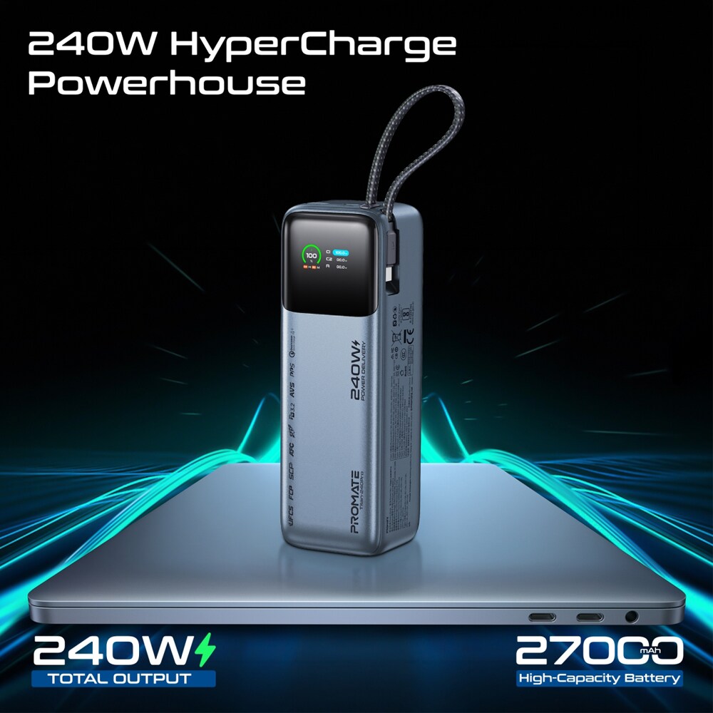 Baterie externa PROMATE Titan-240Pro, 27000mAh, 2x USB-C, 1x USB-A, albastru