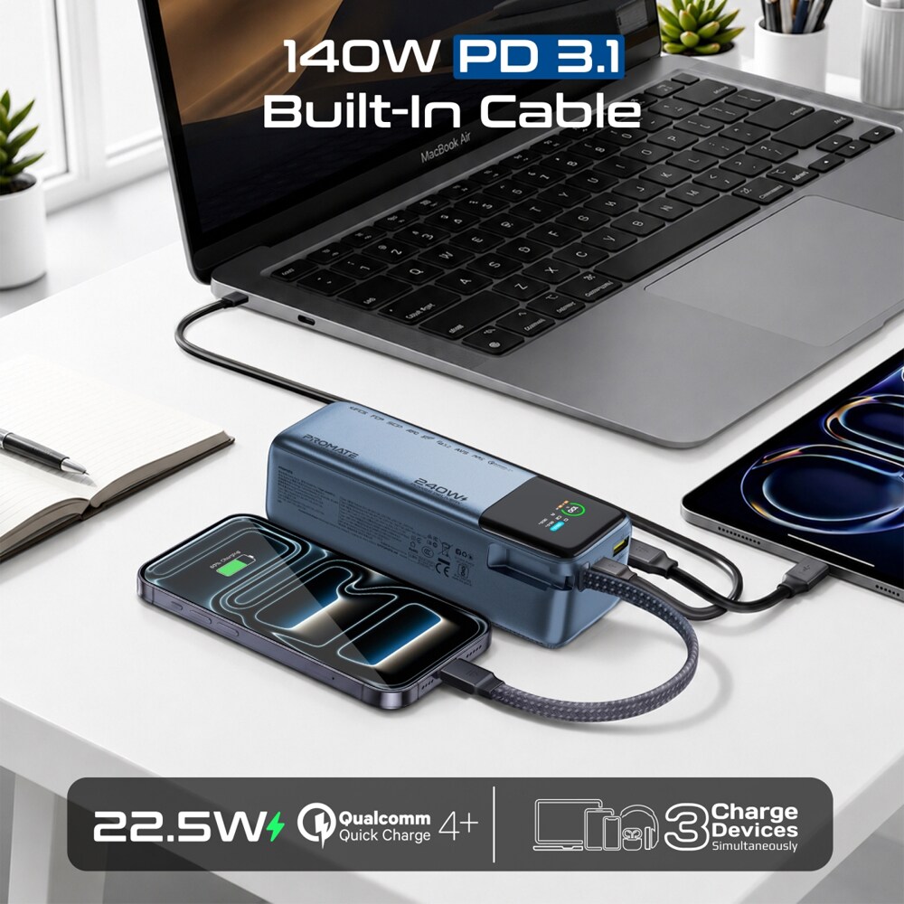 Baterie externa PROMATE Titan-240Pro, 27000mAh, 2x USB-C, 1x USB-A, albastru
