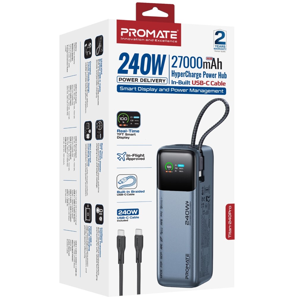 Baterie externa PROMATE Titan-240Pro, 27000mAh, 2x USB-C, 1x USB-A, albastru