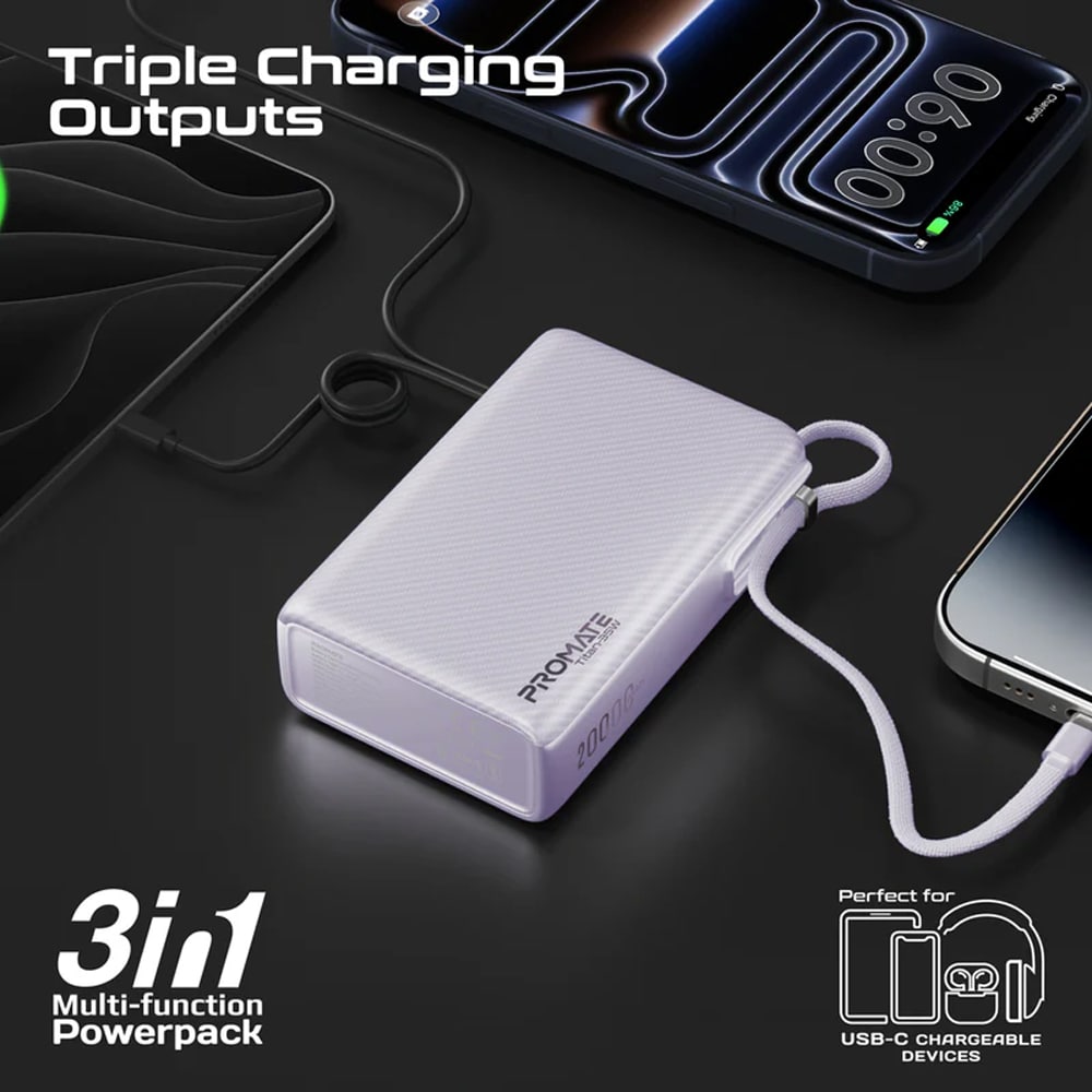 Baterie externa PROMATE Titan-35W, 20000mAh, 1x USB-A, 1x USB-C Power Delivery (PD) 35W, violet