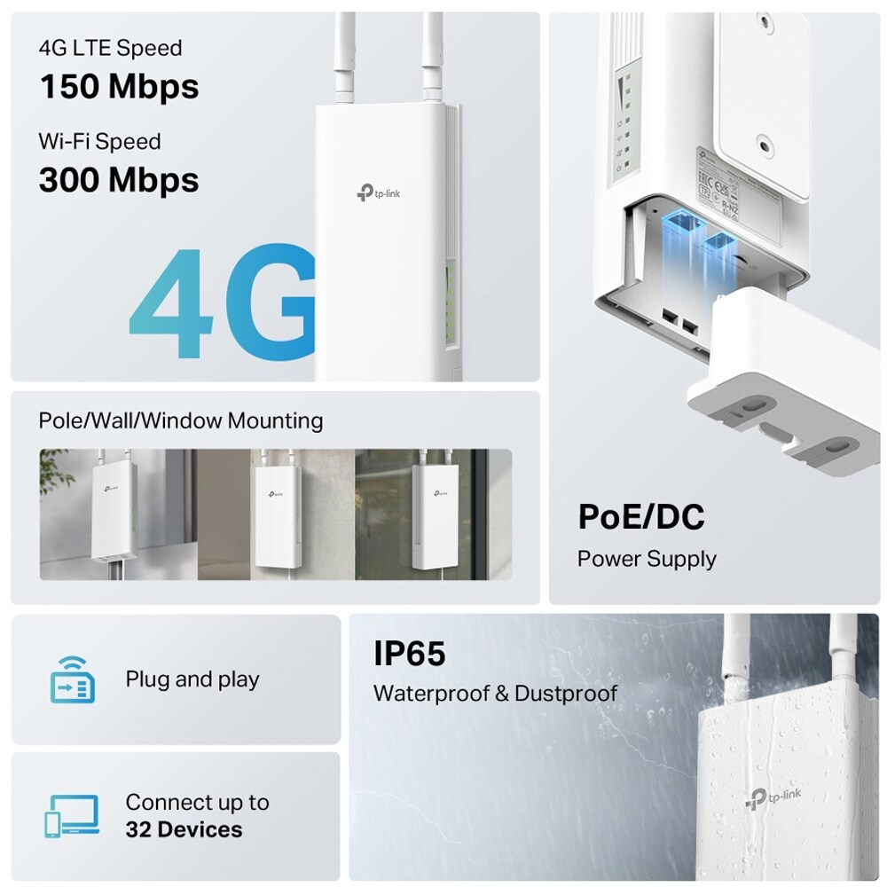 Router Wireless TP-LINK TL-MR100-Outdoor, Wi-Fi 4, Single-Band 300 Mbps, 4G LTE, alb