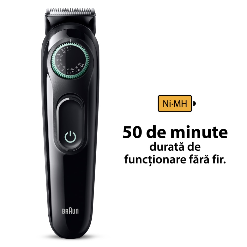 Aparat de tuns barba BRAUN BT3411, acumulator, 50 min autonomie, Wet&Dry, negru-verde