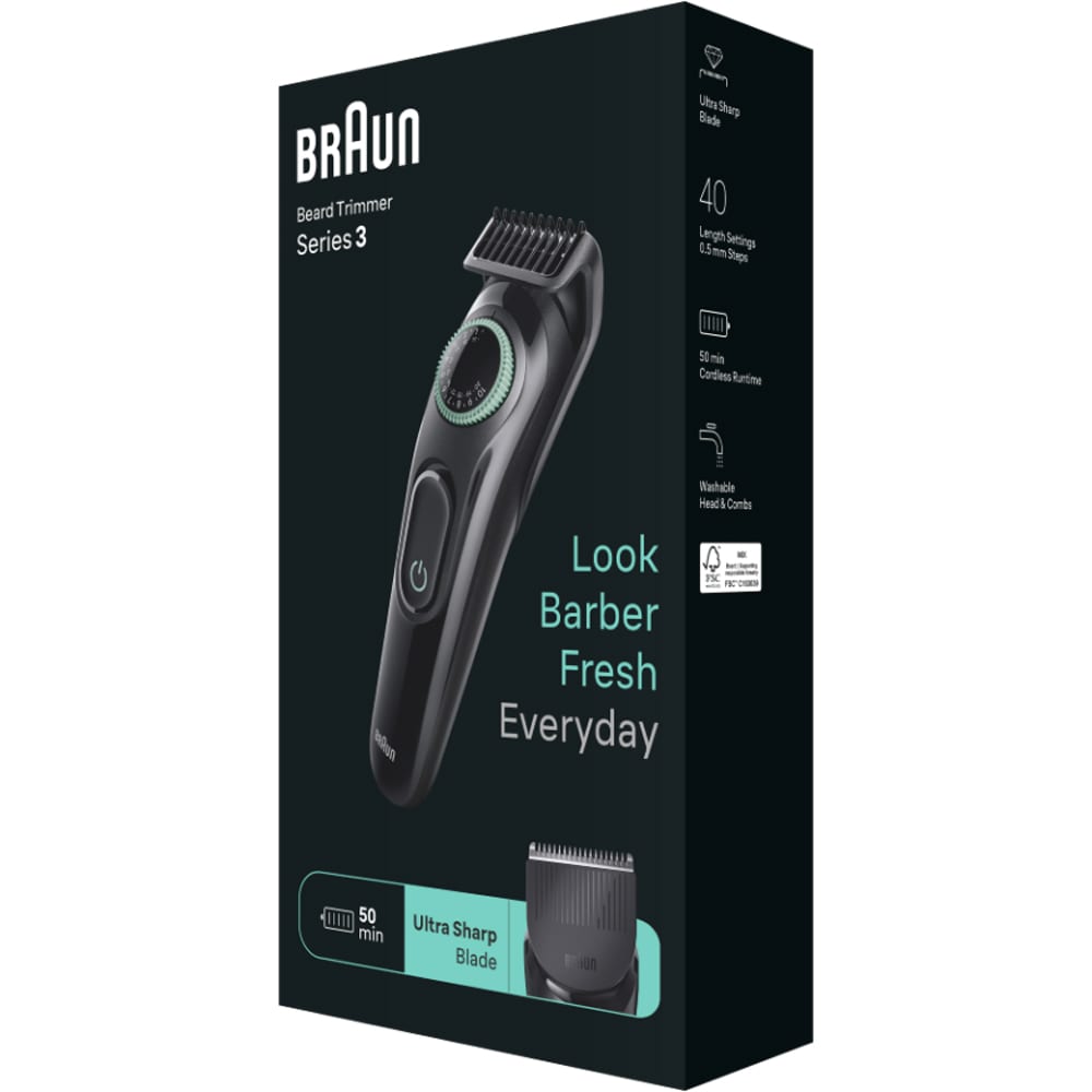 Aparat de tuns barba BRAUN BT3411, acumulator, 50 min autonomie, Wet&Dry, negru-verde