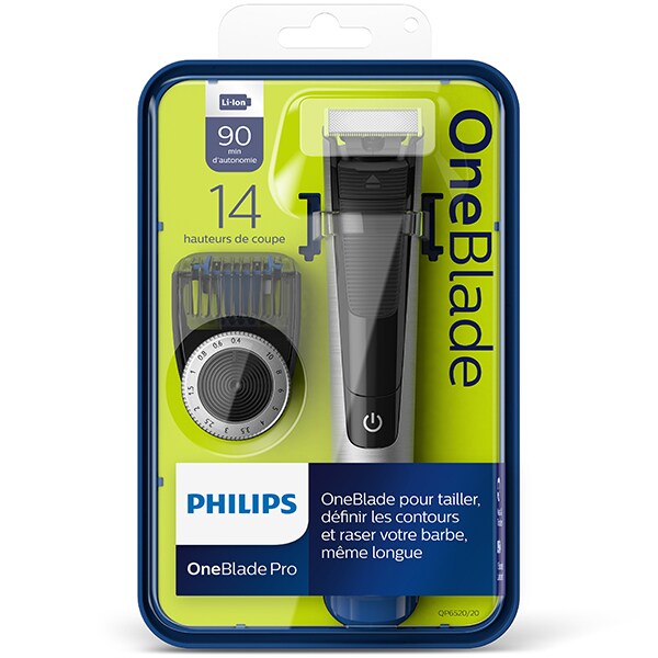 Aparat hibrid de barbierit si tuns barba Philips OneBlade Pro QP6520/20, acumulator, autonomie 90 min, Pieptene cu 14 lungimi, Afisaj digital, argintiu