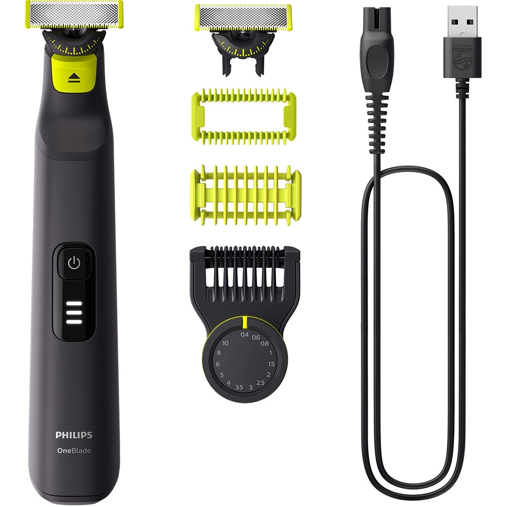 Aparat hibrid de barbierit, tuns barba si parul corporal PHILIPS OneBlade Pro QP6542/15, acumulator, 90 min autonomie, negru