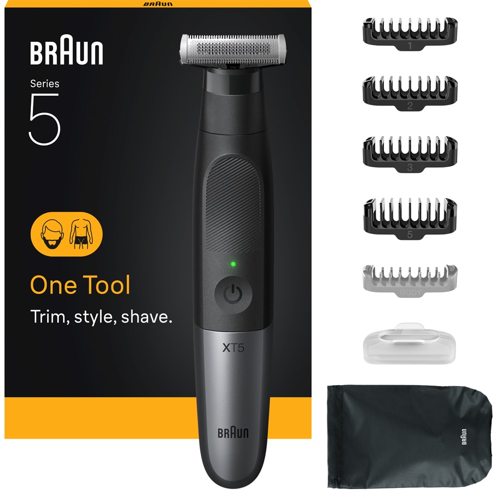 Aparat hibrid de barbierit si tuns barba BRAUN Series X XT5100, Wet&Dry, 45 min autonomie, 1 element de taiere, husa, negru-gri