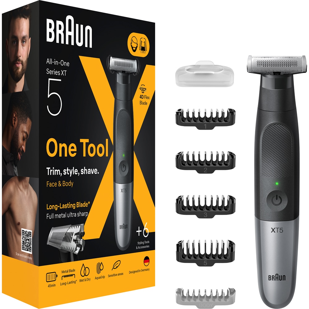 Aparat hibrid de barbierit si tuns barba BRAUN Series X XT5100, Wet&Dry, 45 min autonomie, 1 element de taiere, husa, negru-gri