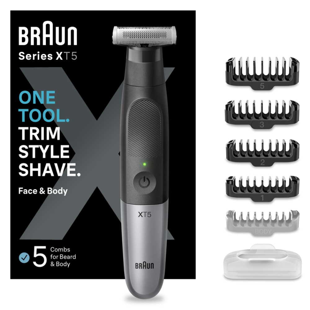 Aparat hibrid de barbierit si tuns barba BRAUN Series X XT5100, Wet&Dry, 45 min autonomie, 1 element de taiere, husa, negru-gri