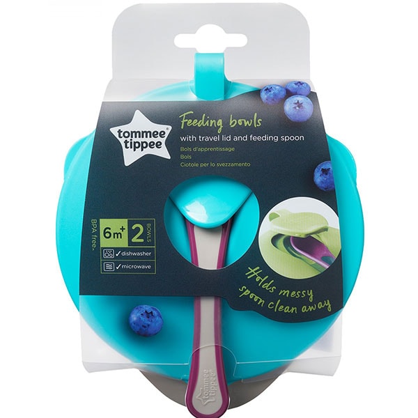 Set hranire TOMMEE TIPPEE Explora: 2 Castroane + 1 Capac + 1 Lingurita, 6 luni +, albastru deschis - mov