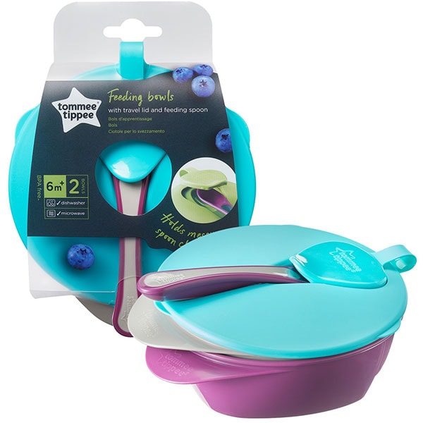 Set hranire TOMMEE TIPPEE Explora: 2 Castroane + 1 Capac + 1 Lingurita, 6 luni +, albastru deschis - mov