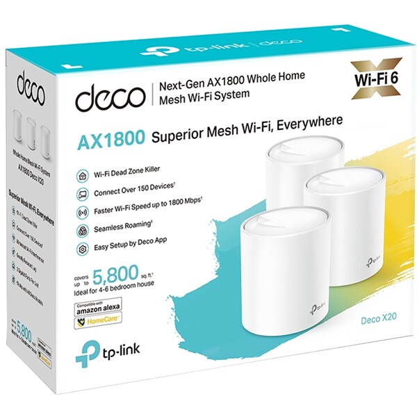 Sistem Wireless Mesh TP-LINK Deco X20 AX1800, Wi-Fi 6, Dual Band 574 + 1201 Mbps, 3 buc, alb