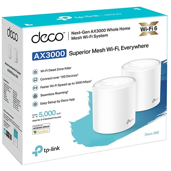 Sistem Wireless Mesh TP-LINK Deco X60 AX3000, Wi-Fi 6, Dual Band 574 + 2402 Mbps, 2 buc, alb