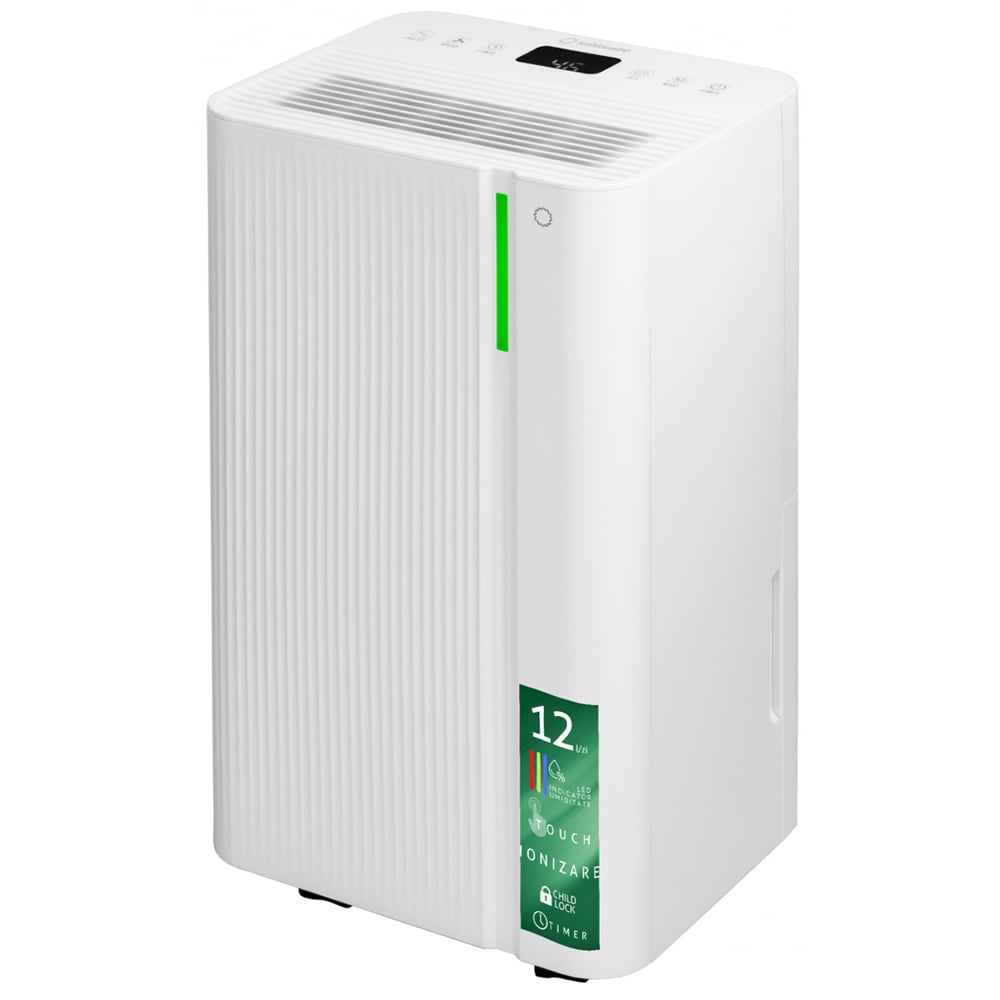 Dezumidificator TURBIONAIRE LEVI 12 ION, 12 l/zi, 220W, rezervor 1.8l, Ionizare, alb