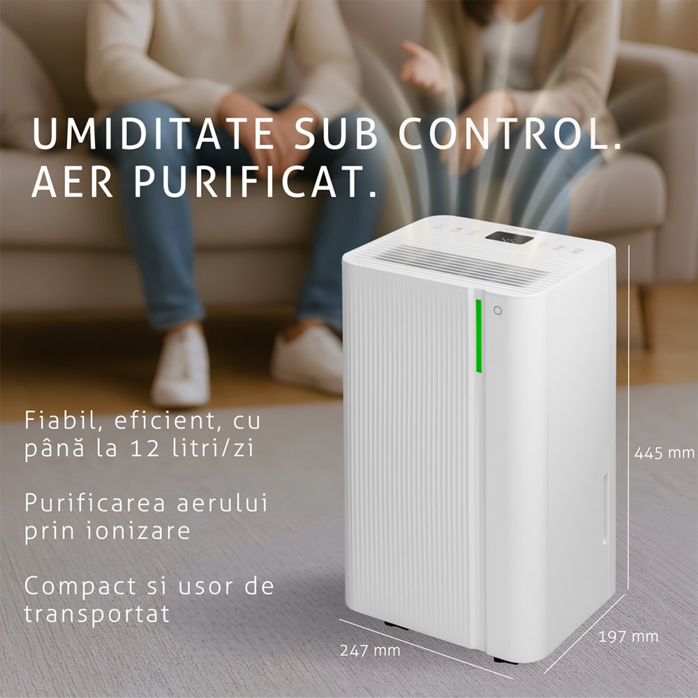 Dezumidificator TURBIONAIRE LEVI 12 ION, 12 l/zi, 220W, rezervor 1.8l, Ionizare, alb