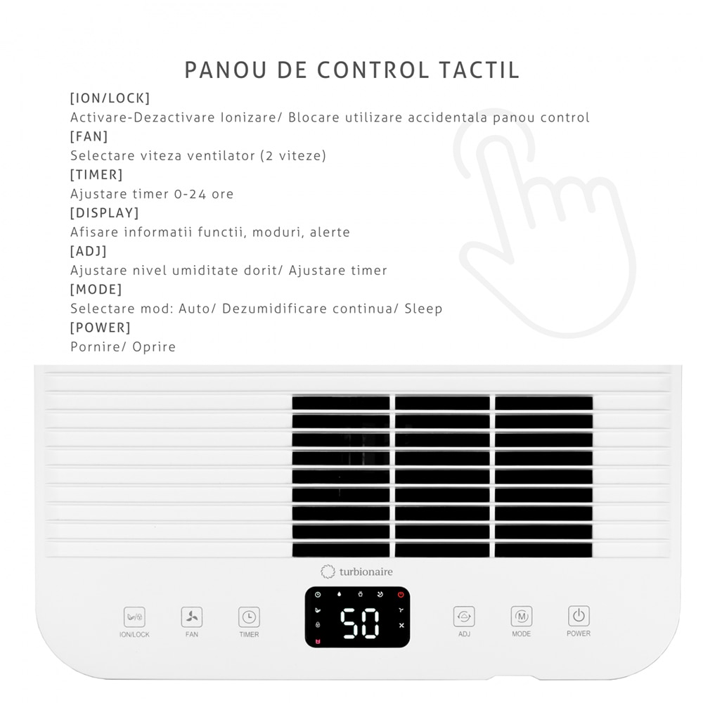 Dezumidificator TURBIONAIRE LEVI 20 ION, 20 l/zi, 280W, rezervor 4.5l, Ionizare, alb