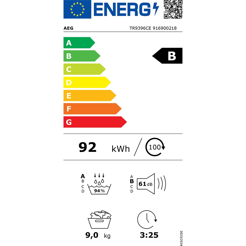 Uscator de rufe AEG TR9396CE, AbsoluteCare, Pompa de caldura, 9 kg, 15 programe, Clasa B, Wi-Fi, alb