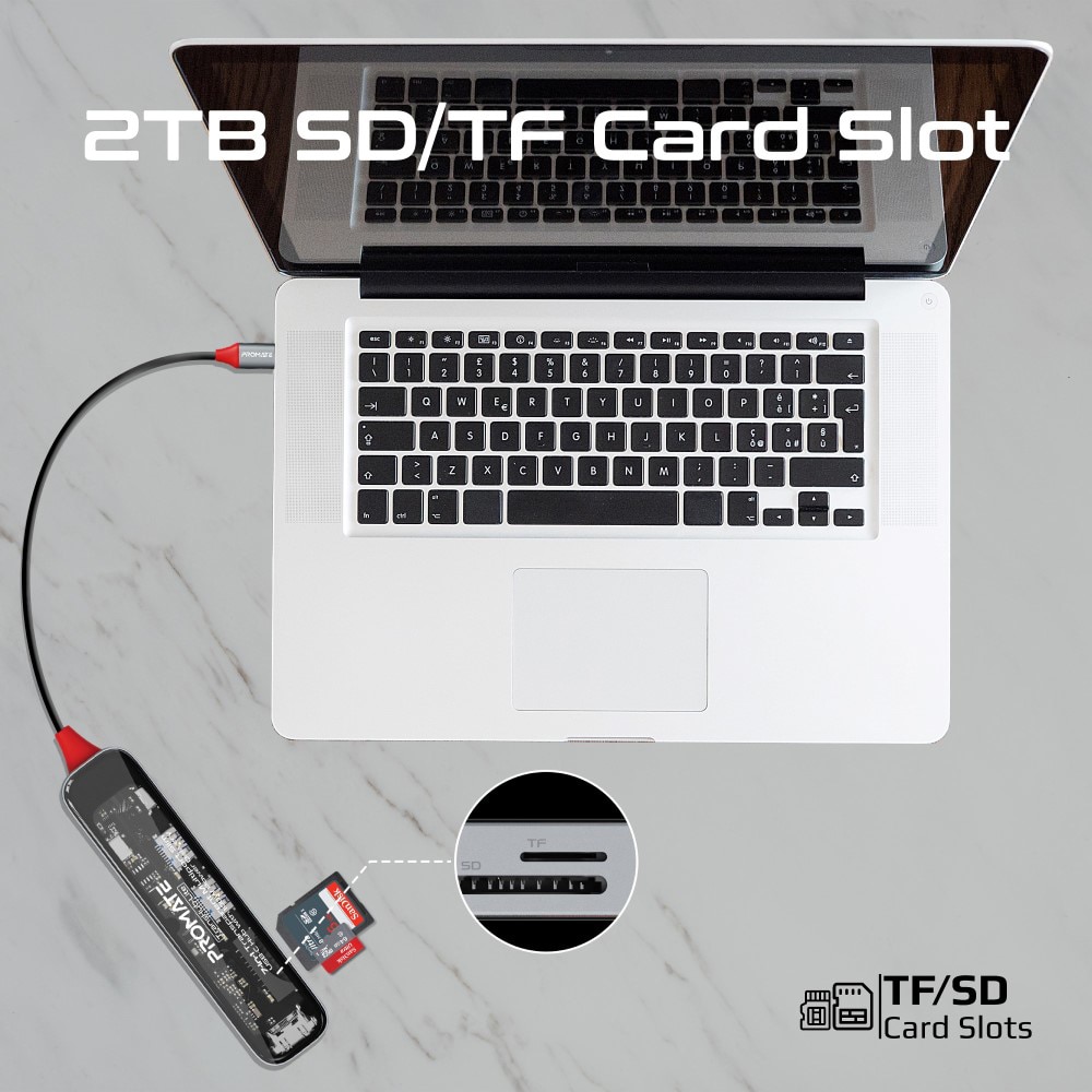Hub USB Type-C 7 in 1 PROMATE TransHub-Lite, USB 3.0, HDMI, SD/MicroSD, transparent