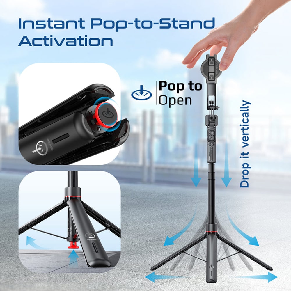 Selfie stick PROMATE TriPop-Ai, AI Face Tracking, negru