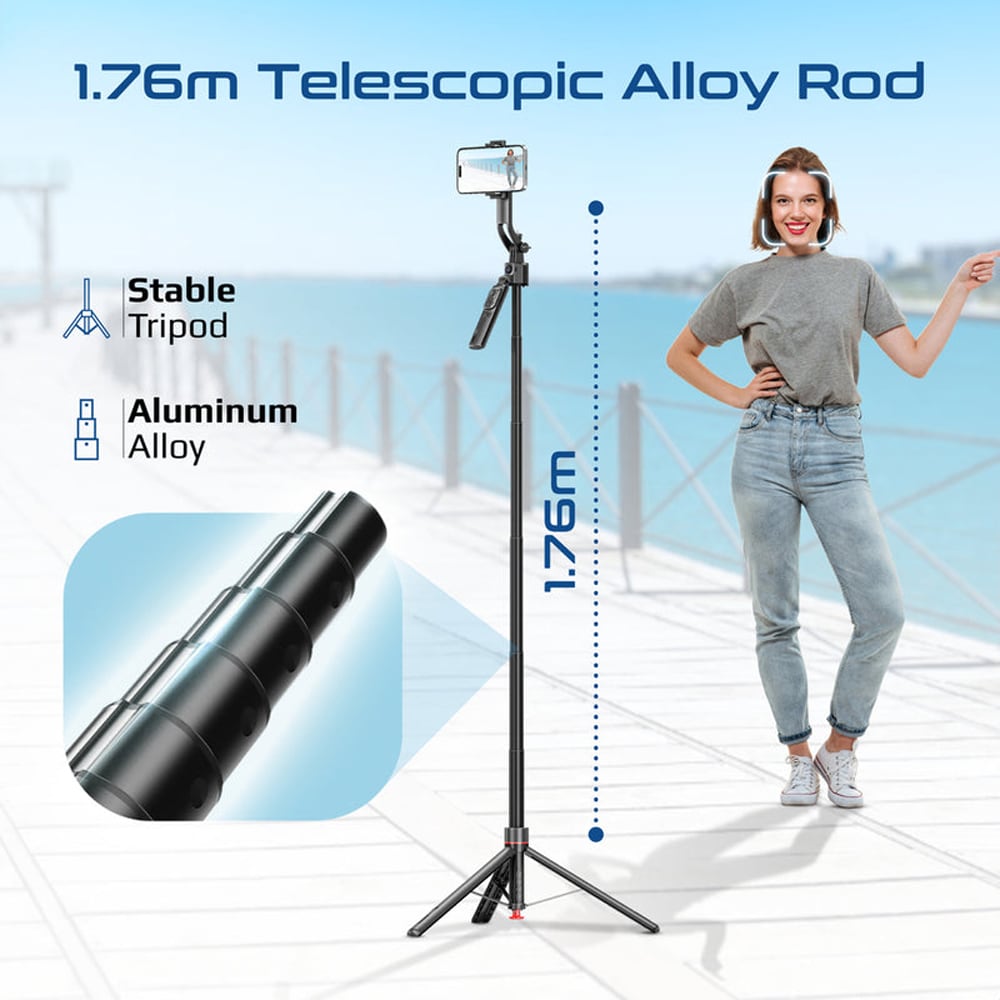 Selfie stick PROMATE TriPop-Ai, AI Face Tracking, negru