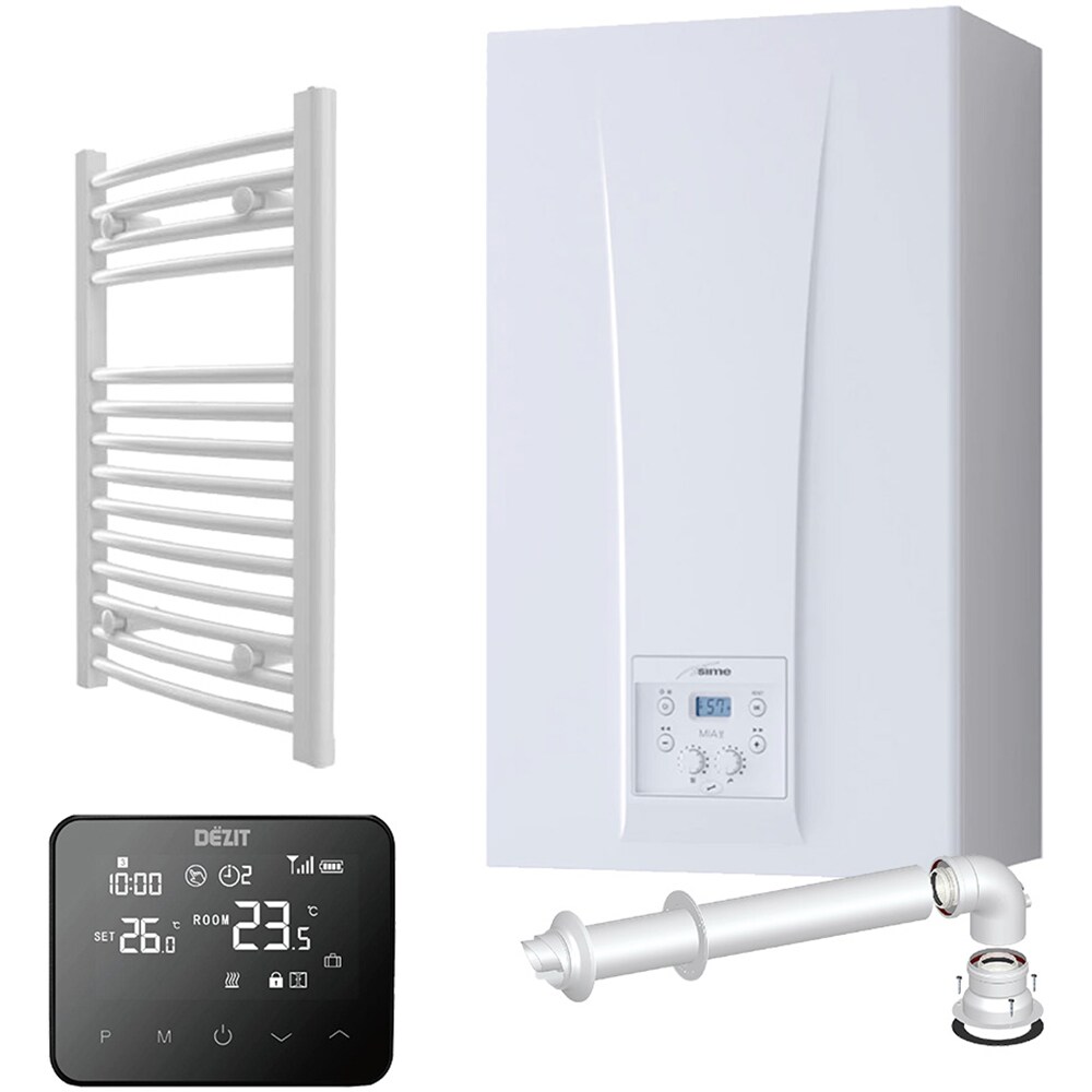 Pachet centrala termica pe gaz in condensare SIME 34SM0098, 21.2kW, kit evacuare inclus + Termostat WT20 Wi-Fi + Calorifer de baie 450x690 mm, 377W, curbat