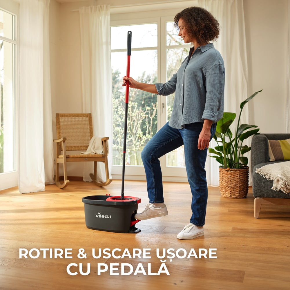 Set galeata cu storcator + mop + maner VILEDA Turbo Deep Clean, rosu-negru