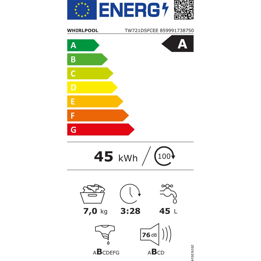 Masina de spalat rufe verticala WHIRLPOOL TW721DSFCEE, 7 kg, 1200rpm, Clasa A, alb