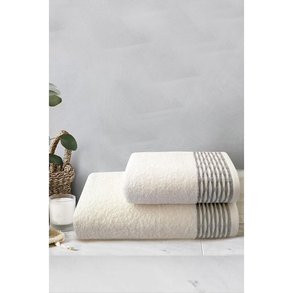 Set 2 prosoape baie MILA HOME Sequential, 50 x 90 cm, 70 x 140 cm, bumbac, crem