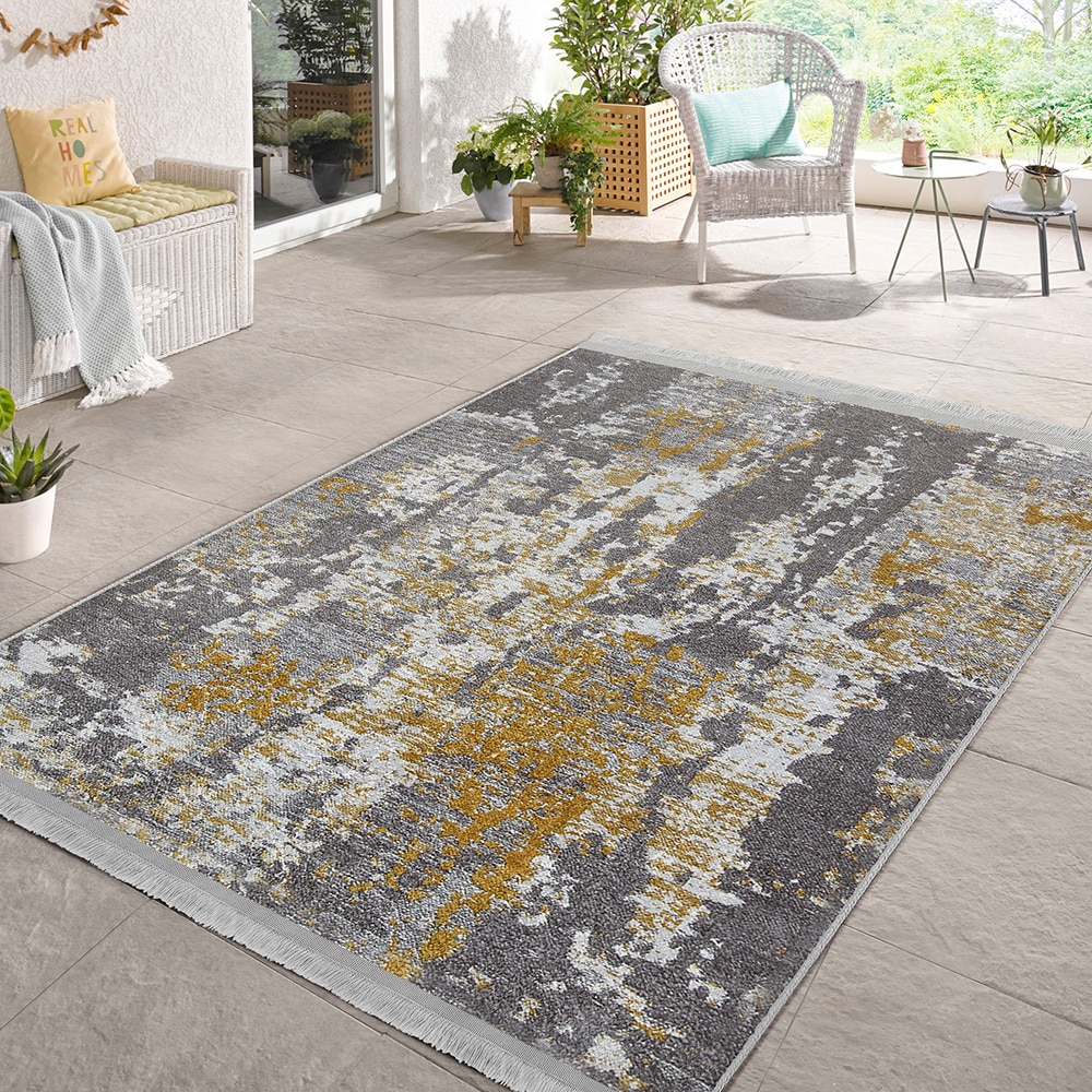 Covor living / dormitor Unique Abstract, 80 x 150 cm, poliester, gri-auriu