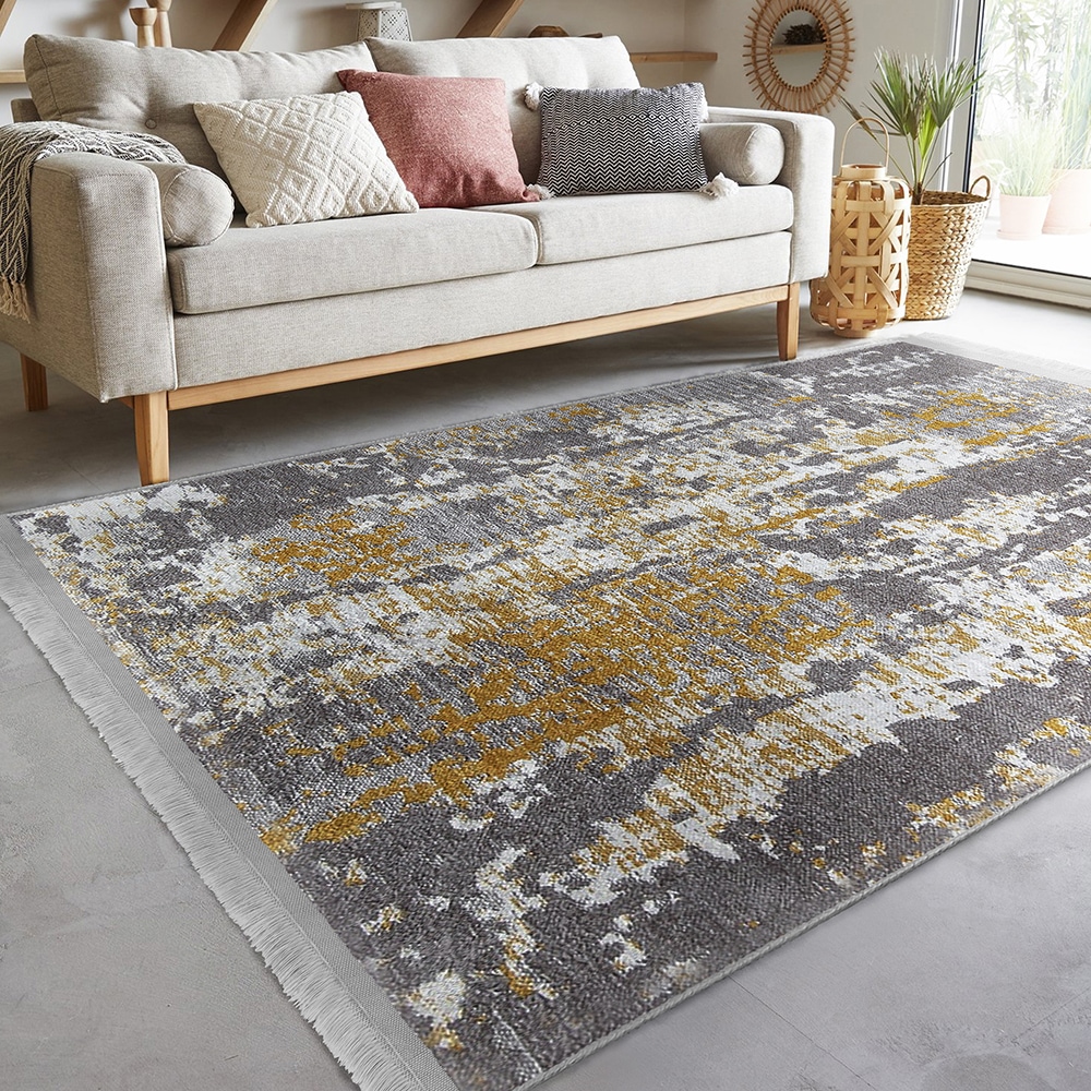 Covor living / dormitor Unique Abstract, 80 x 150 cm, poliester, gri-auriu