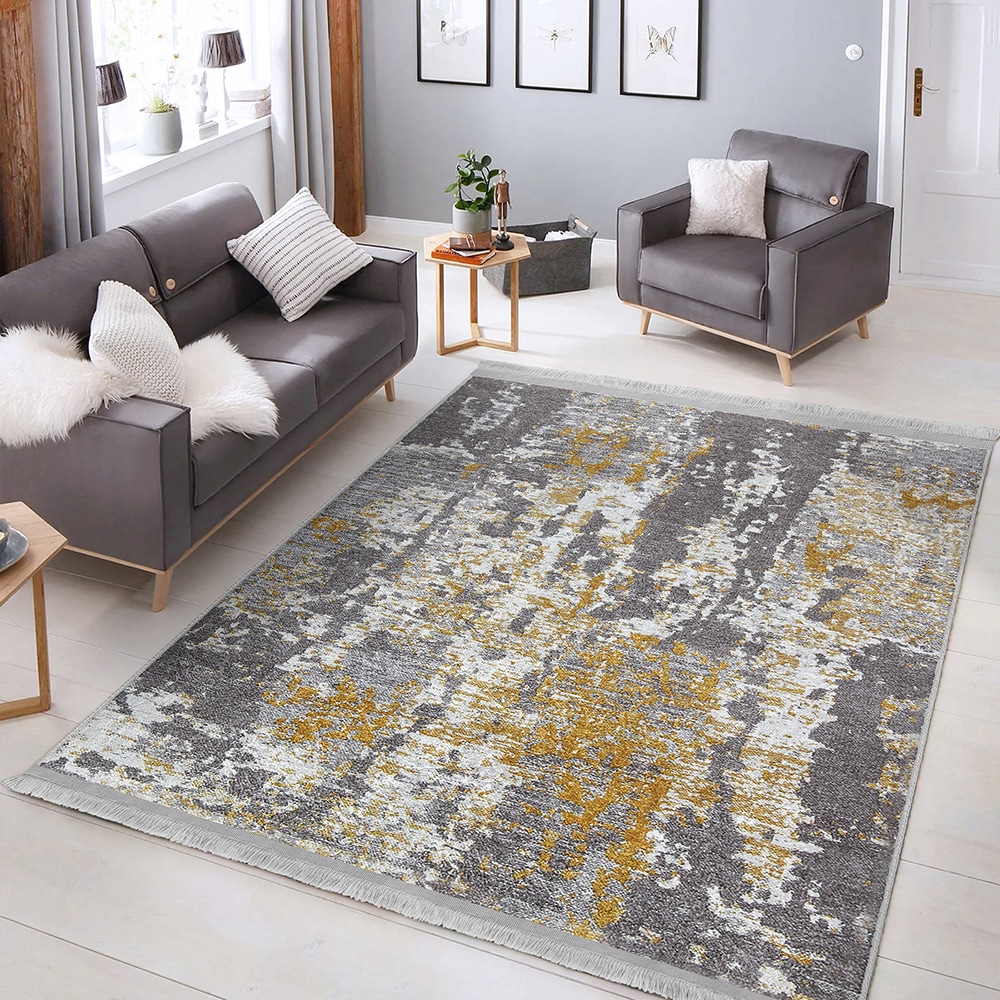 Covor living / dormitor Unique Abstract, 80 x 150 cm, poliester, gri-auriu