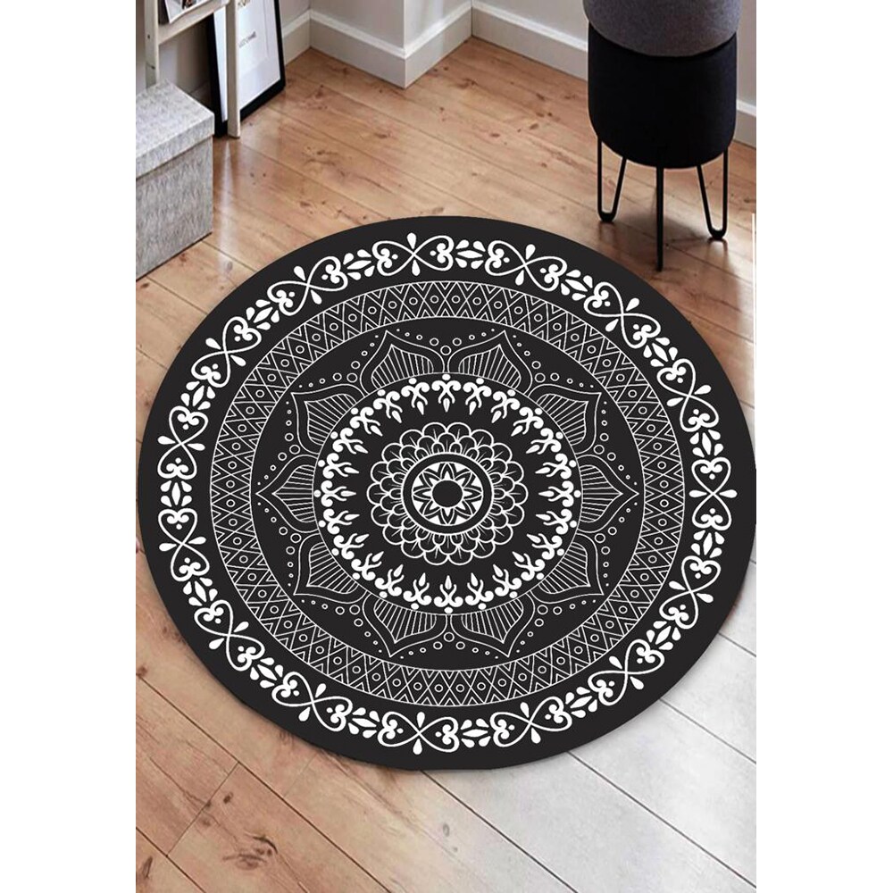 Covor living / dormitor Collection Flower, D140 cm, poliester, negru-alb