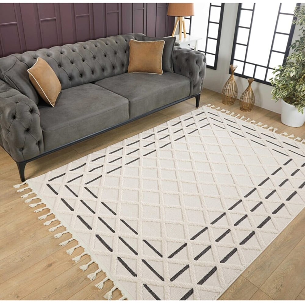 Covor living / dormitor Shaggy, 120 x 160 cm, polipropilena, bej-negru