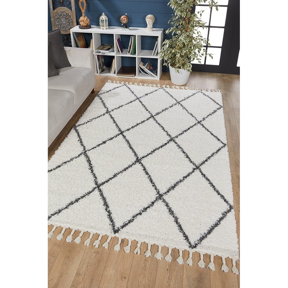 Covor living / dormitor Shaggy, 80 x 150 cm, polipropilena, alb-negru
