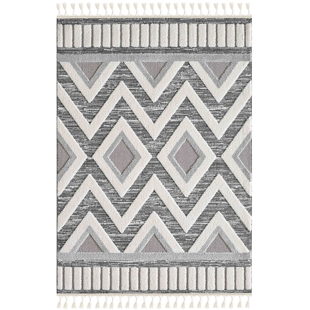 Covor living / dormitor Shaggy, 80 x 150 cm, polipropilena, gri inchis-alb