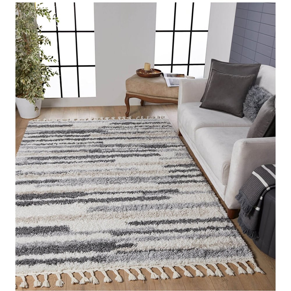 Covor living / dormitor Shaggy, 120 x 160 cm, polipropilena, gri-alb